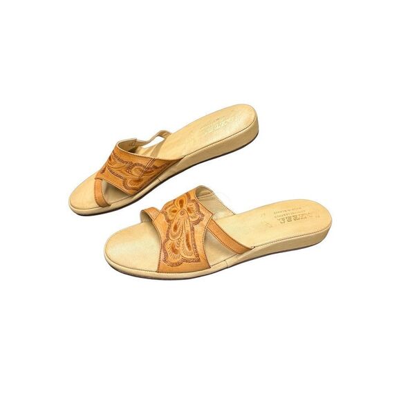 AZTEC Hand Tooled Leather Slide Sandals Size 8 - Picture 6 of 16